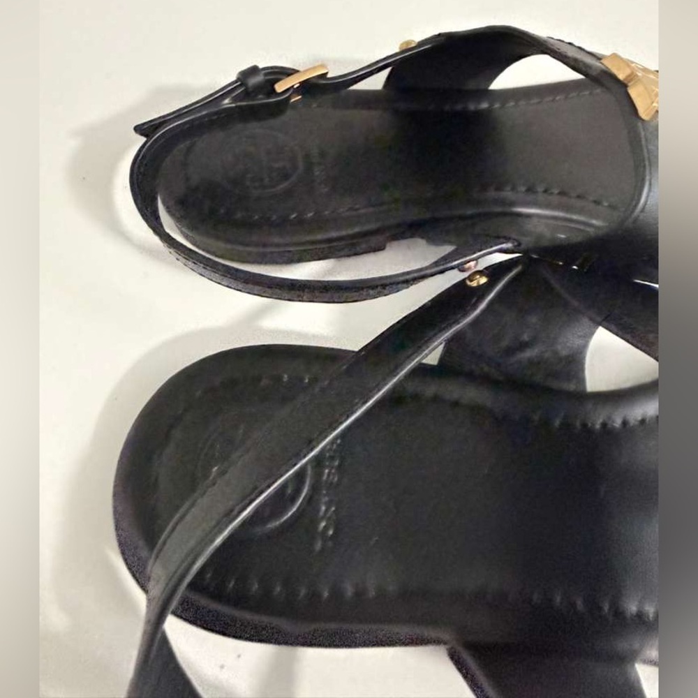 Tory Burch Black Leather Sandals with Gold Emblem - Picture 2 of 5